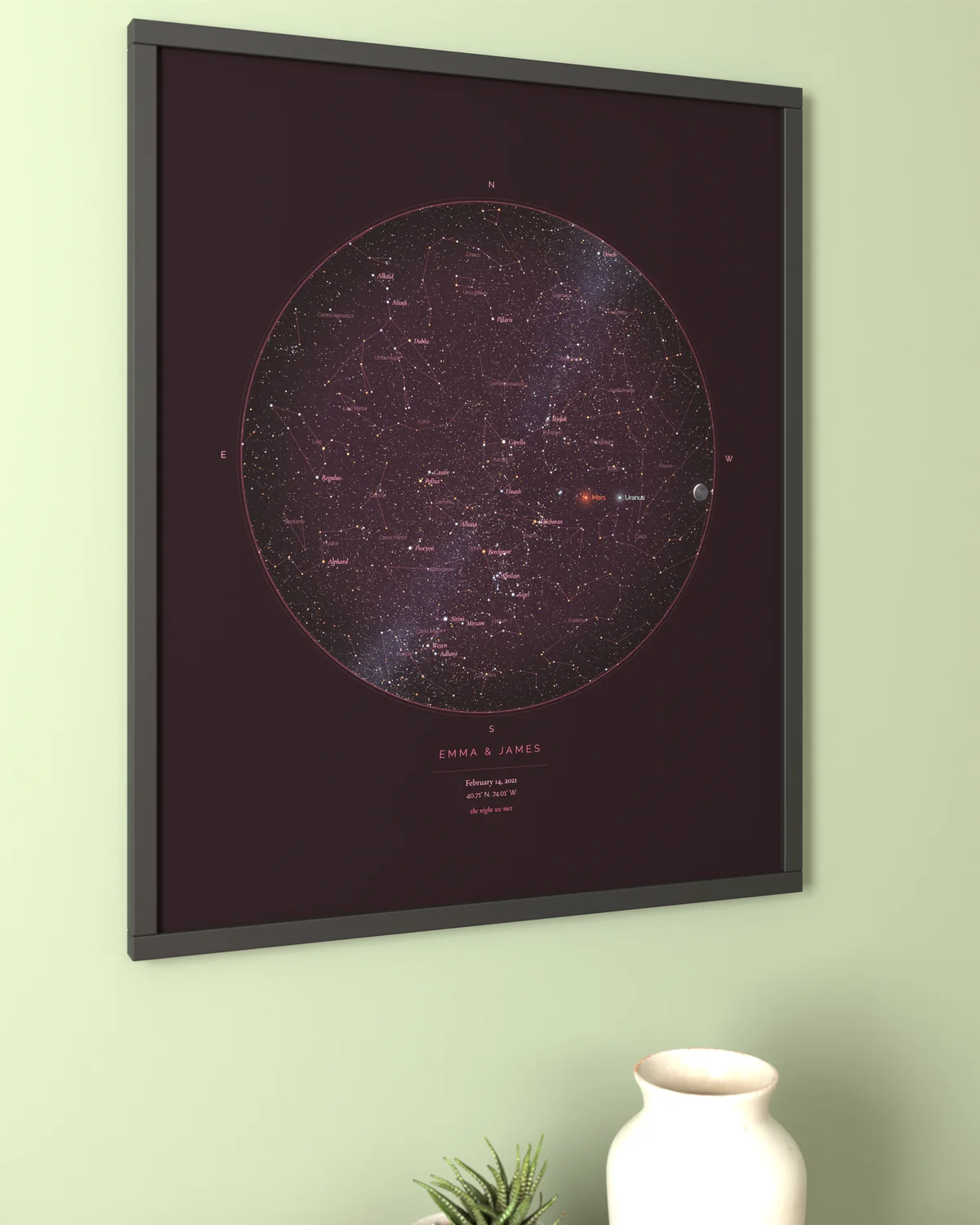 Up close: StarMap print framed in a sage green wall