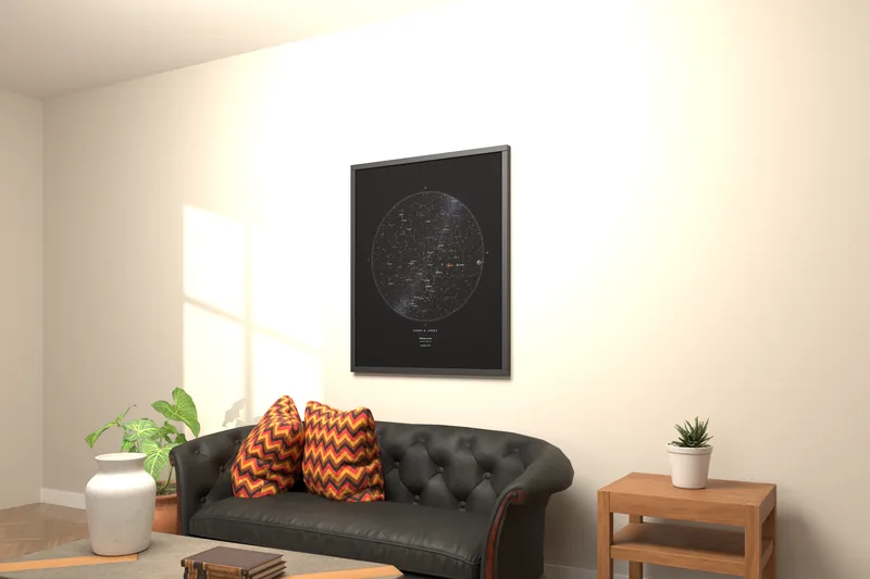 Star map printed in 4K and framed at 40 inches in a living room